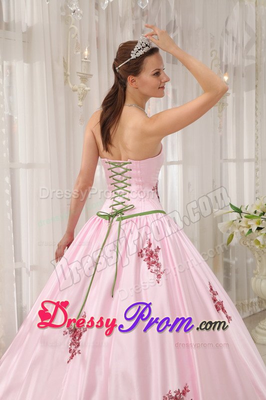 Dropped Waist Pink Strapless Quinceanera Gowns with Appliques