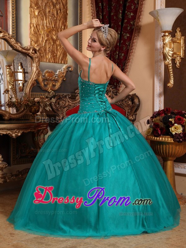Teal Spaghetti Straps Floor-length Beading Quinceanera Gown