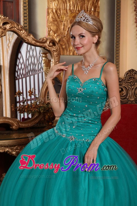 Teal Spaghetti Straps Floor-length Beading Quinceanera Gown