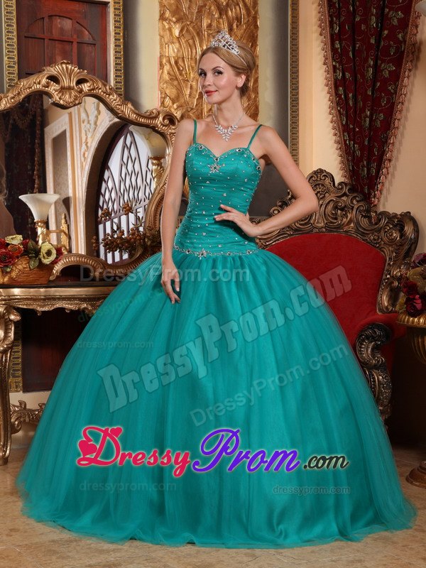 Teal Spaghetti Straps Floor-length Beading Quinceanera Gown
