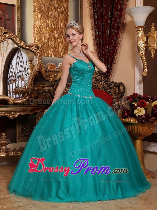 Teal Spaghetti Straps Floor-length Beading Quinceanera Gown