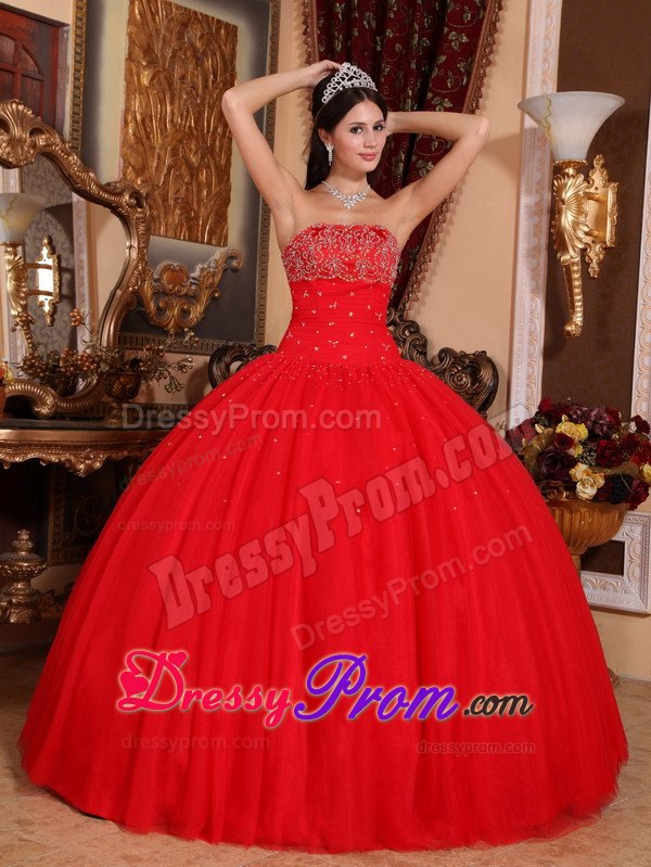 Beading Strapless Red Ball Gown Quinceanera Dress on Sale