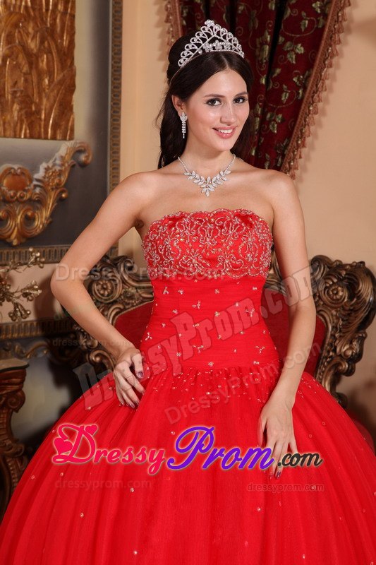 Beading Strapless Red Ball Gown Quinceanera Dress on Sale