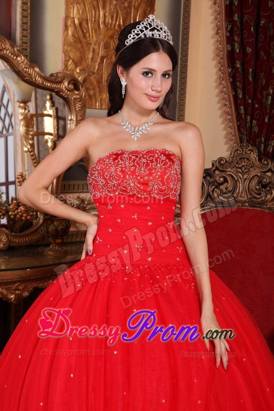 Beading Strapless Red Ball Gown Quinceanera Dress on Sale