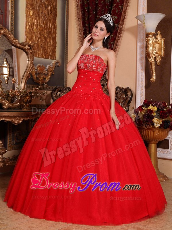 Beading Strapless Red Ball Gown Quinceanera Dress on Sale