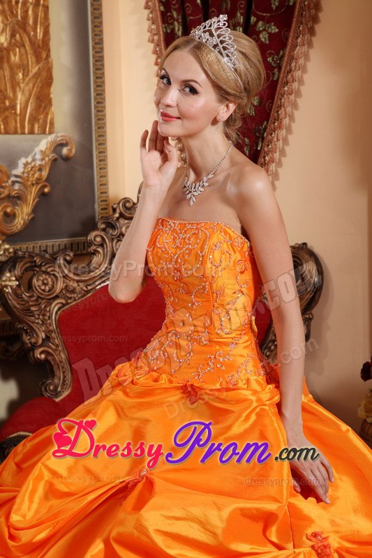 Pick-up and Beading Quinceanera Dress in Orange Strapless
