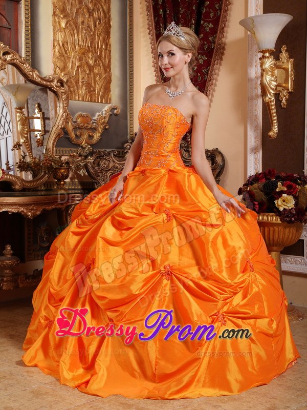 Pick-up and Beading Quinceanera Dress in Orange Strapless