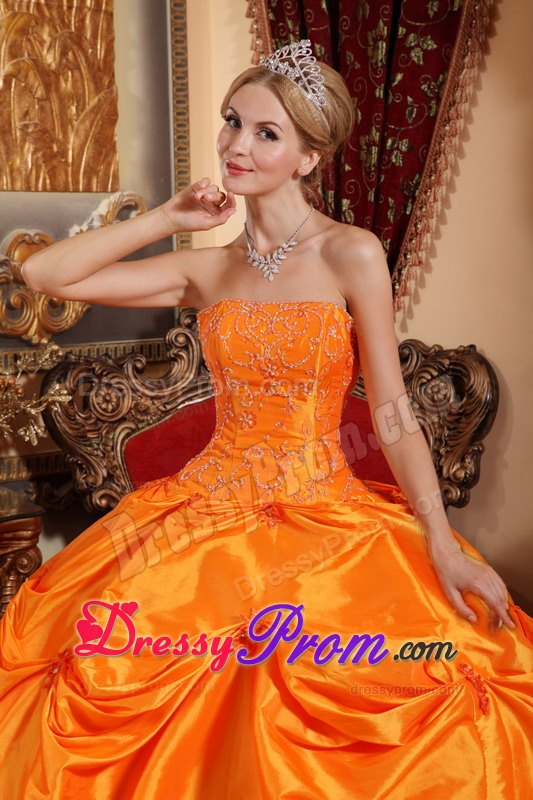 Pick-up and Beading Quinceanera Dress in Orange Strapless