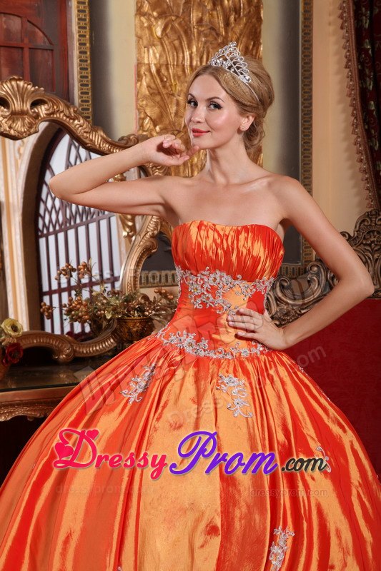 Orange Red Ruching Strapless Appliques Quinceanera Dress