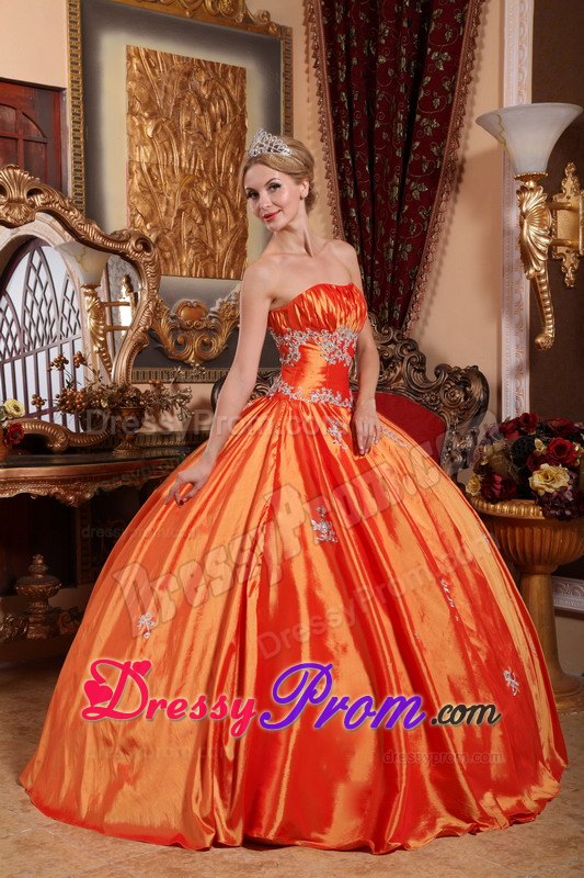 Orange Red Ruching Strapless Appliques Quinceanera Dress