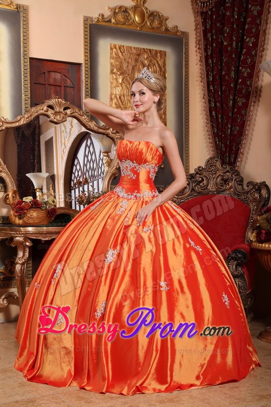 Orange Red Ruching Strapless Appliques Quinceanera Dress