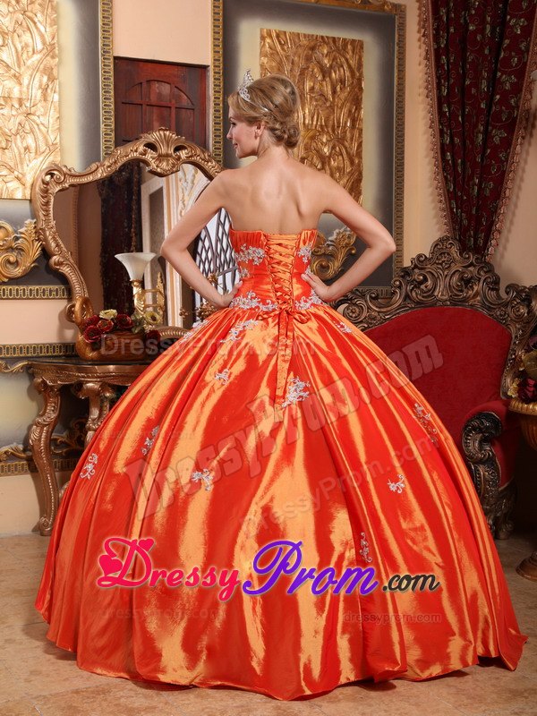 Orange Red Ruching Strapless Appliques Quinceanera Dress