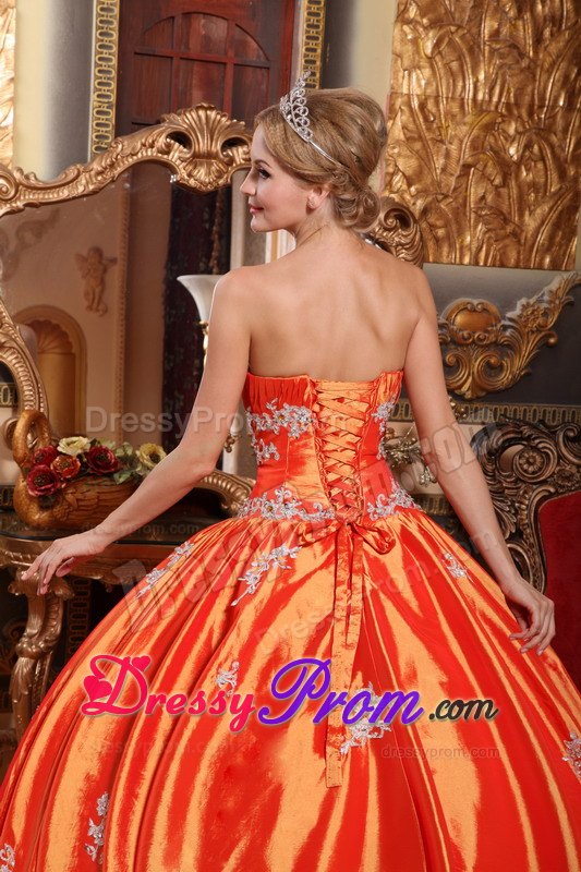 Orange Red Ruching Strapless Appliques Quinceanera Dress
