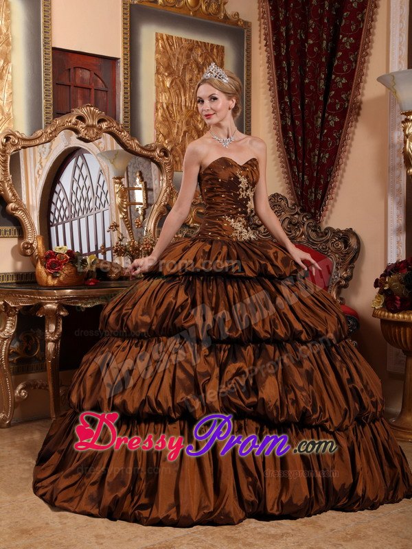 Brown Quinceanera Ball Gown Sweetheart Chapel Train Appliques and Pick-ups