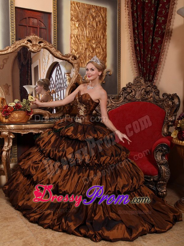 Brown Quinceanera Ball Gown Sweetheart Chapel Train Appliques and Pick-ups