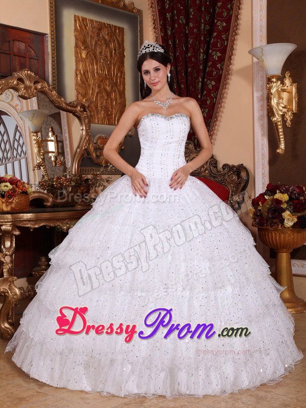 White Beaded Strapless Sweet 15 Dresses with Layered Ruffles