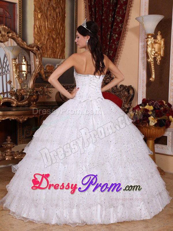 White Beaded Strapless Sweet 15 Dresses with Layered Ruffles