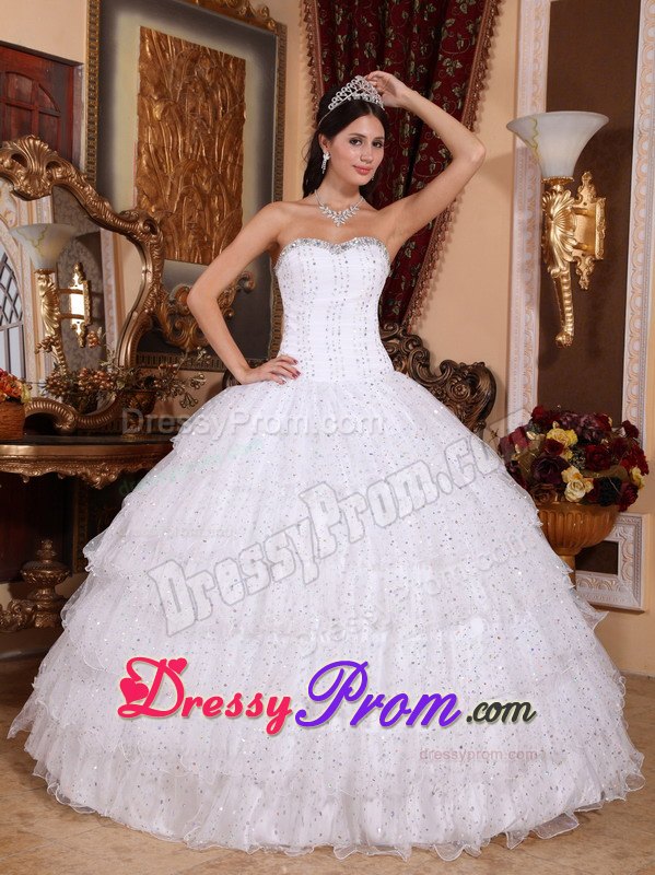 White Beaded Strapless Sweet 15 Dresses with Layered Ruffles