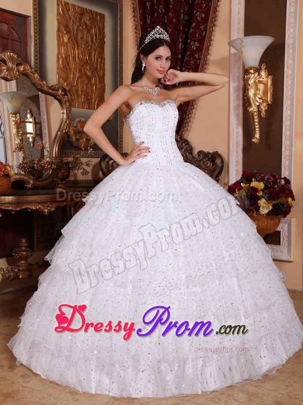 White Beaded Strapless Sweet 15 Dresses with Layered Ruffles