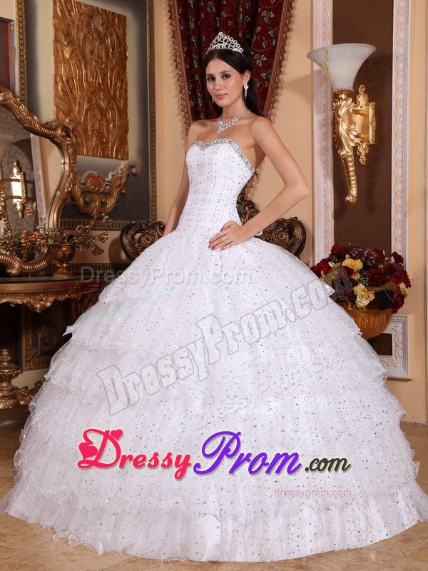 White Beaded Strapless Sweet 15 Dresses with Layered Ruffles