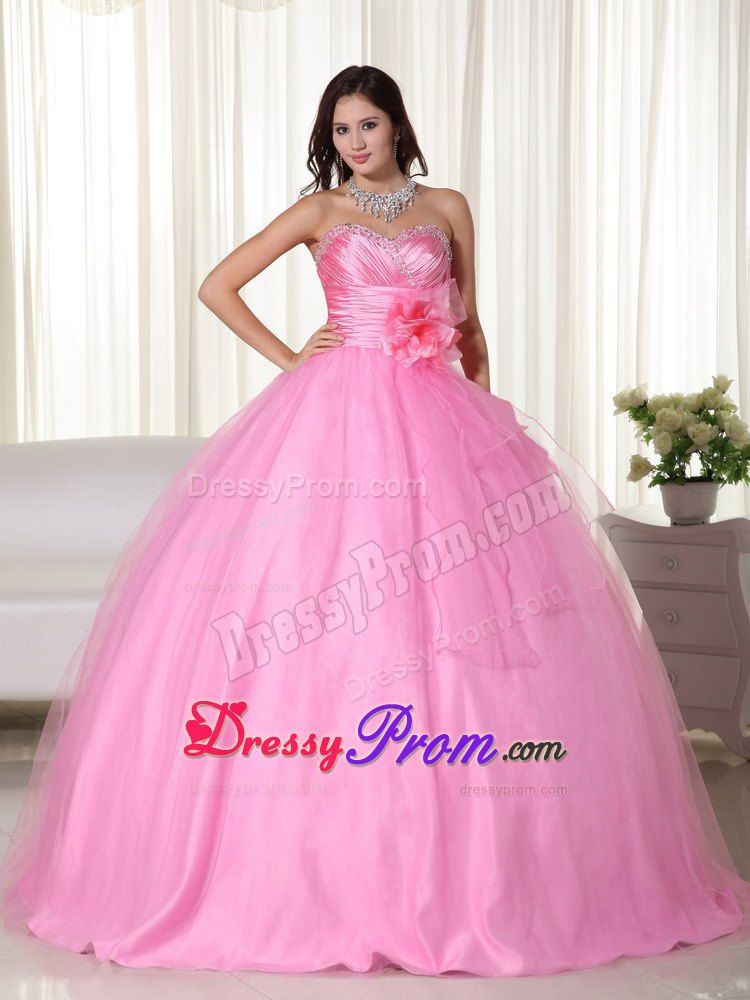 Ruched Beading Sweetheart Pink Quinceanera Gowns