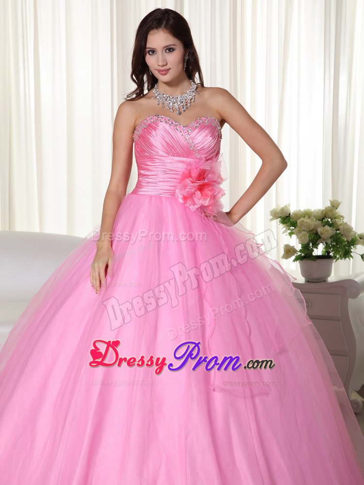 Ruched Beading Sweetheart Pink Quinceanera Gowns