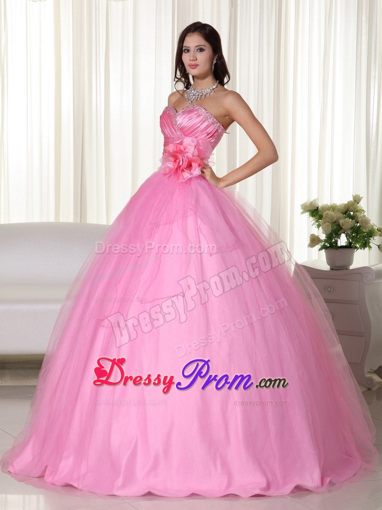 Ruched Beading Sweetheart Pink Quinceanera Gowns