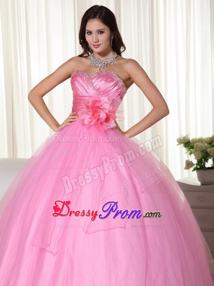 Ruched Beading Sweetheart Pink Quinceanera Gowns