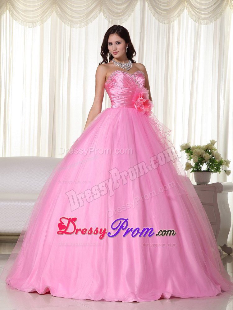 Ruched Beading Sweetheart Pink Quinceanera Gowns