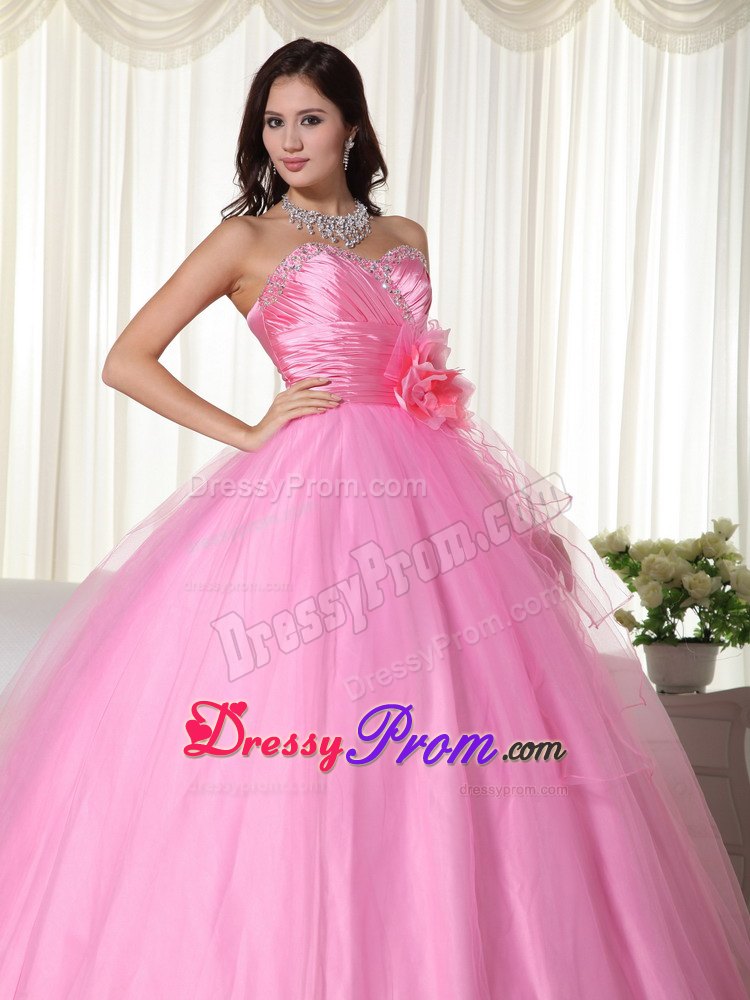 Ruched Beading Sweetheart Pink Quinceanera Gowns