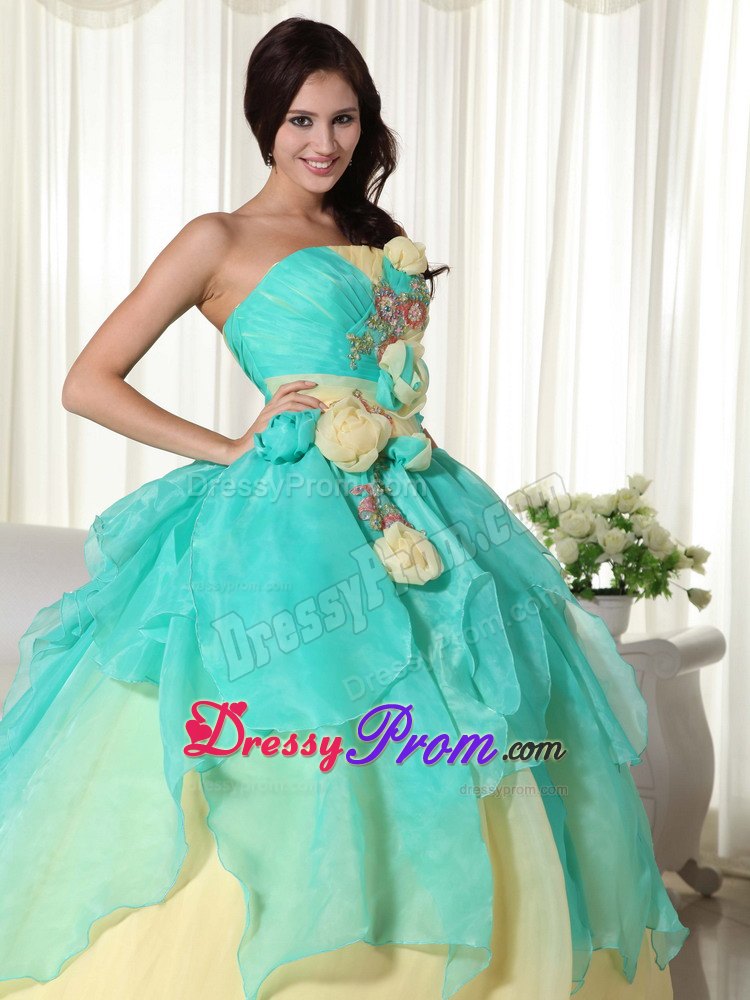 Teal and Yellow Ball Gown Strapless Quinceanera Dress with Hand Craft
