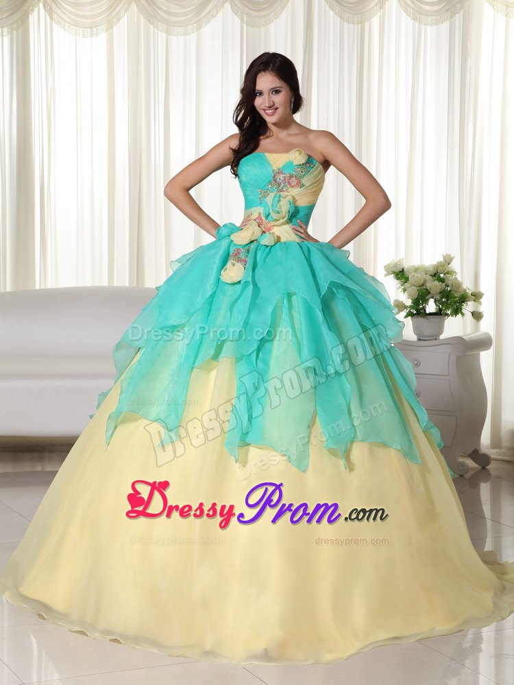 Teal and Yellow Ball Gown Strapless Quinceanera Dress with Hand Craft