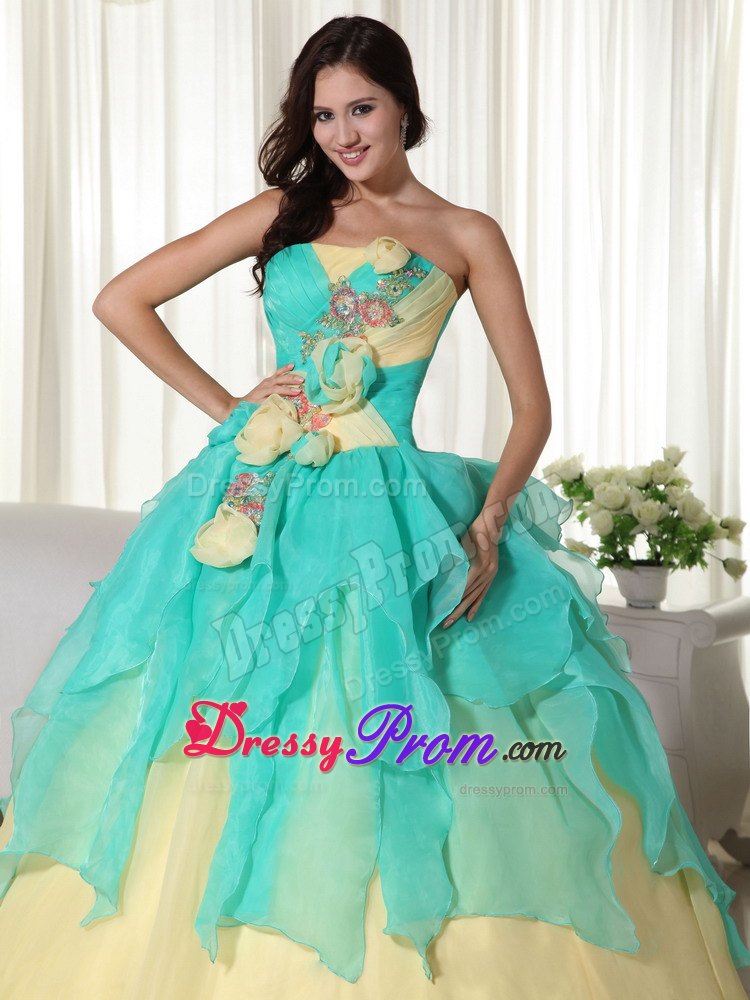 Teal and Yellow Ball Gown Strapless Quinceanera Dress with Hand Craft