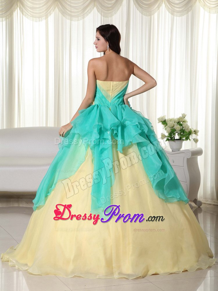 Teal and Yellow Ball Gown Strapless Quinceanera Dress with Hand Craft
