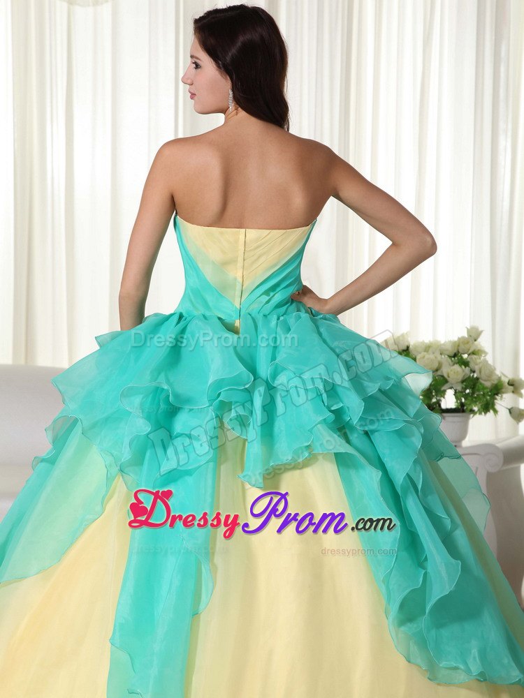 Teal and Yellow Ball Gown Strapless Quinceanera Dress with Hand Craft
