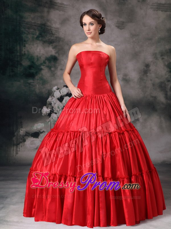 Strapless Red Ball Gown Ruched Sweet Sixteen Quinceanera Dresses