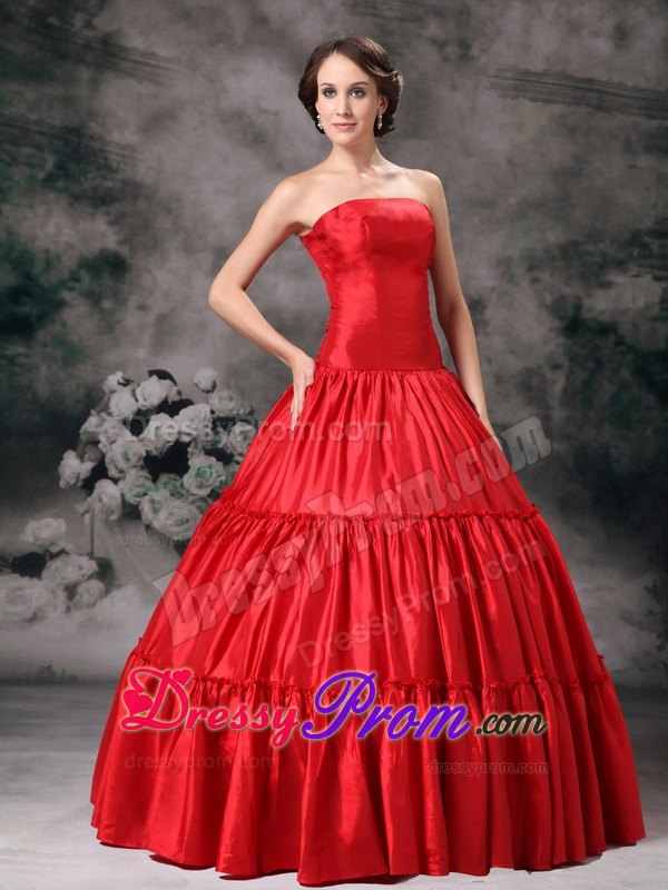 Strapless Red Ball Gown Ruched Sweet Sixteen Quinceanera Dresses