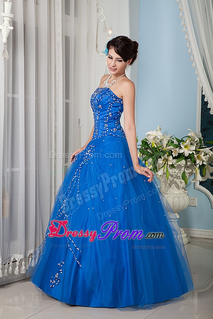 A-line Strapless Sequin Sea Blue Dress For Quinceanera