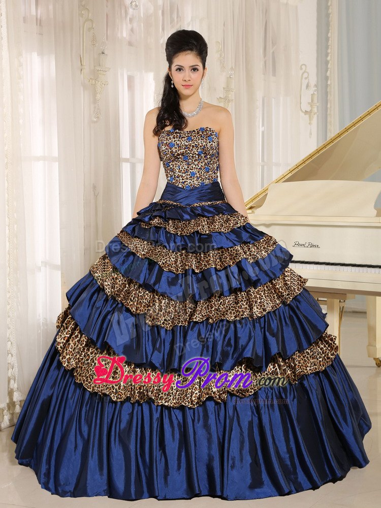 Navy Blue Leopard Print Sweet 15 Dresses with Ruffled Layers