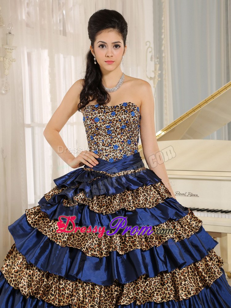 Navy Blue Leopard Print Sweet 15 Dresses with Ruffled Layers