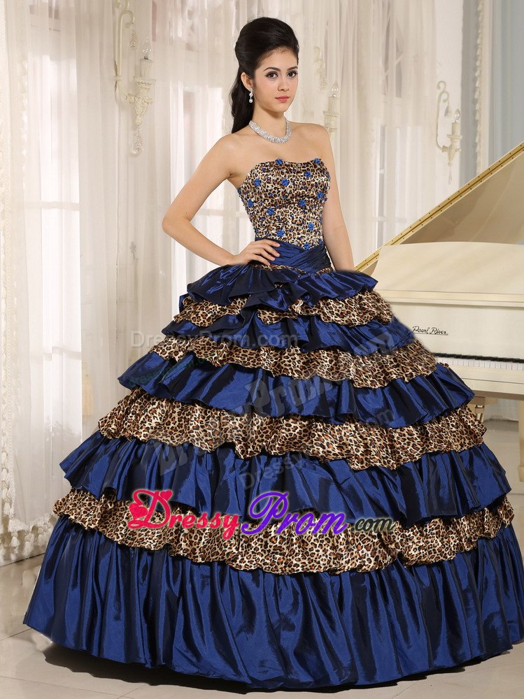 Navy Blue Leopard Print Sweet 15 Dresses with Ruffled Layers