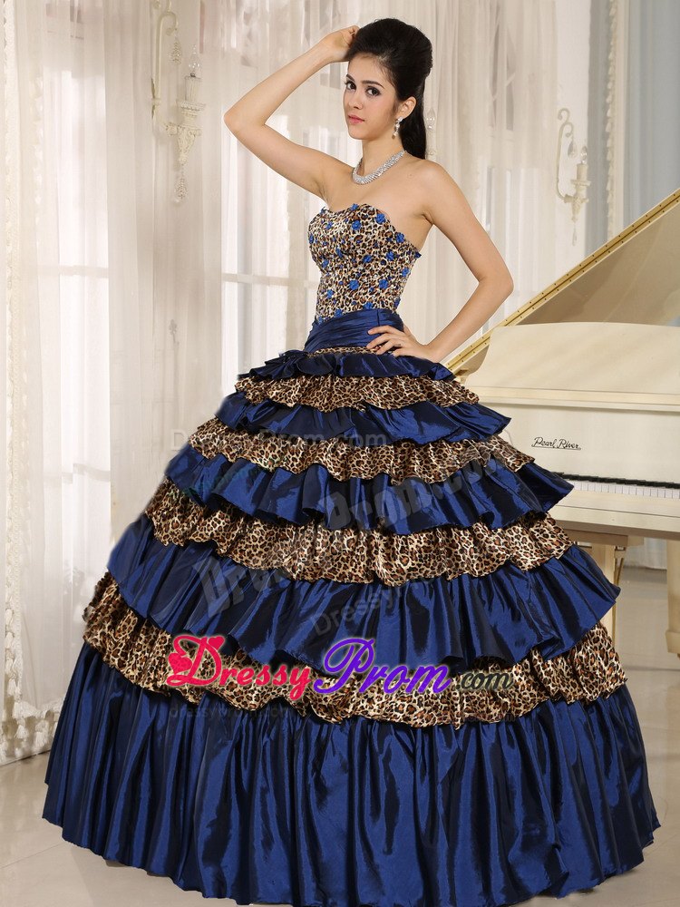 Navy Blue Leopard Print Sweet 15 Dresses with Ruffled Layers