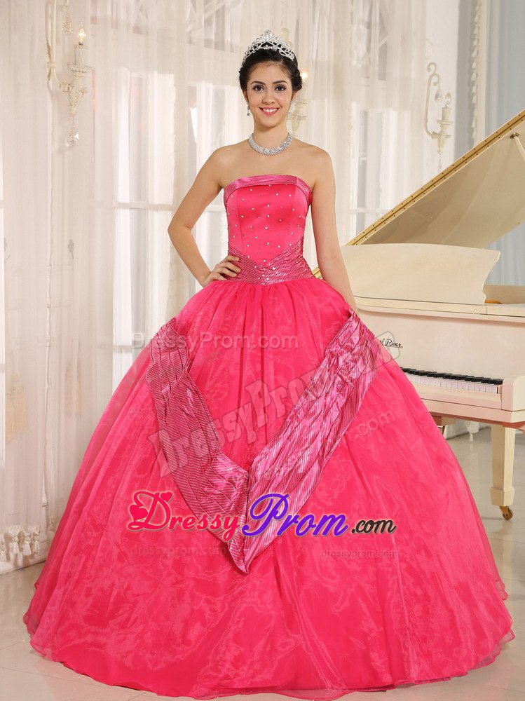 Beaded Strapless Rose Pink Quinceanera Gowns With Sash