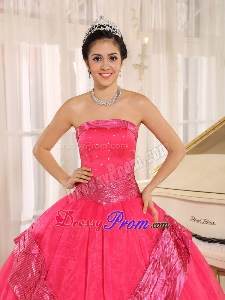 Beaded Strapless Rose Pink Quinceanera Gowns With Sash