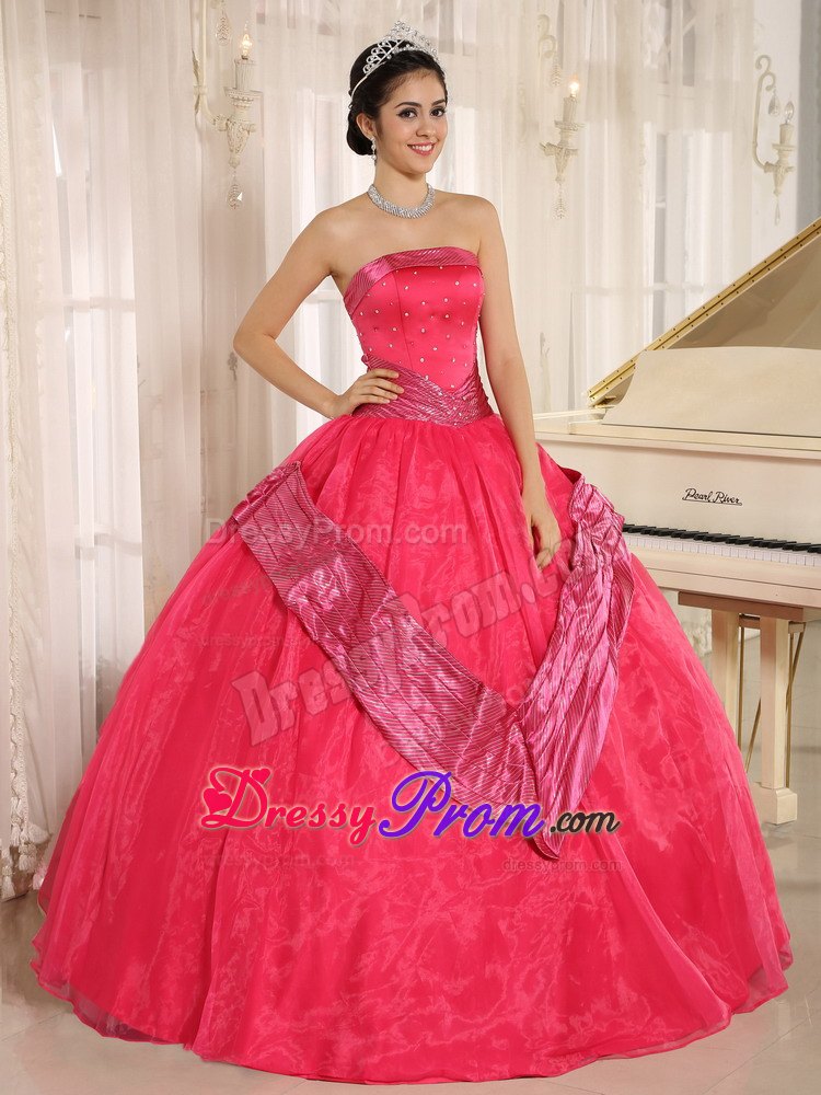Beaded Strapless Rose Pink Quinceanera Gowns With Sash