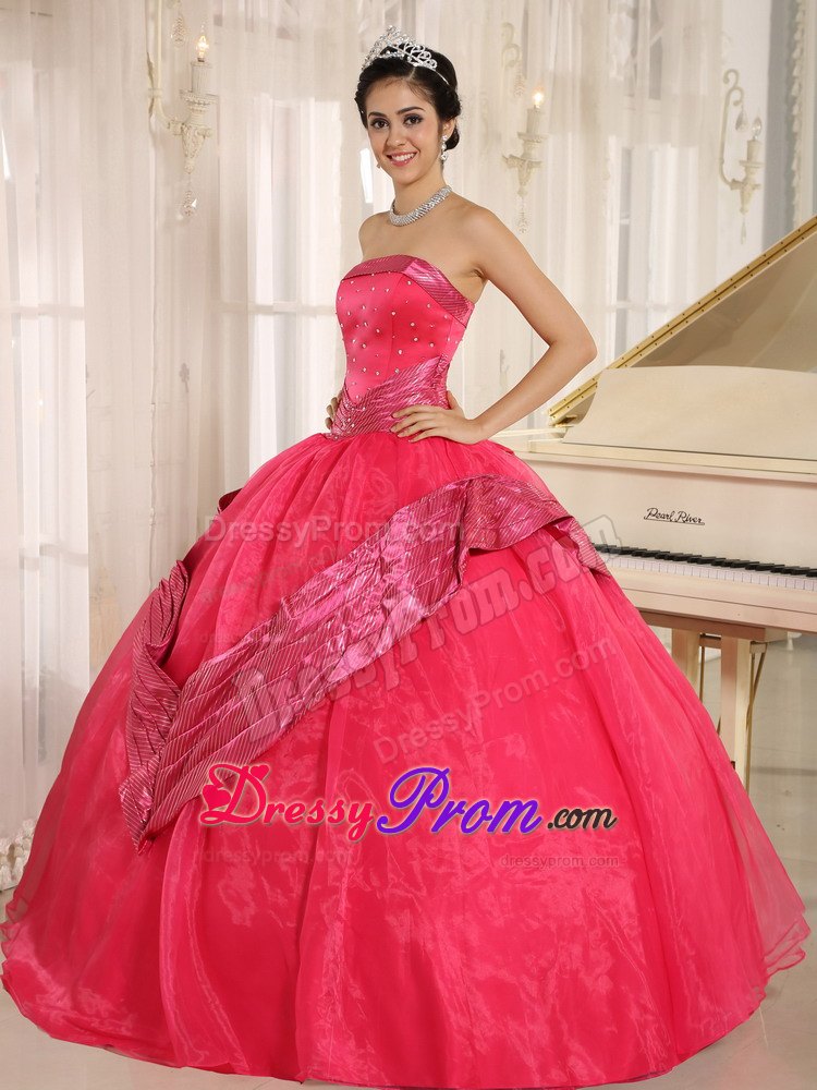 Beaded Strapless Rose Pink Quinceanera Gowns With Sash