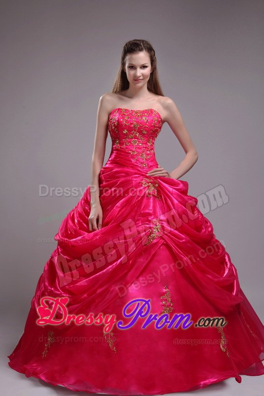 Red Strapless Quinceanera Dress with Appliqiues and Pick-ups