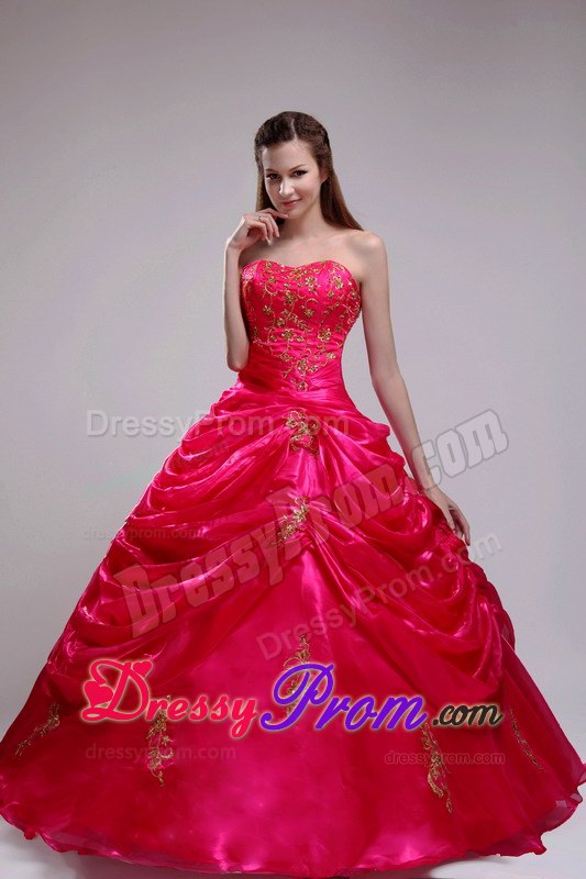 Red Strapless Quinceanera Dress with Appliqiues and Pick-ups