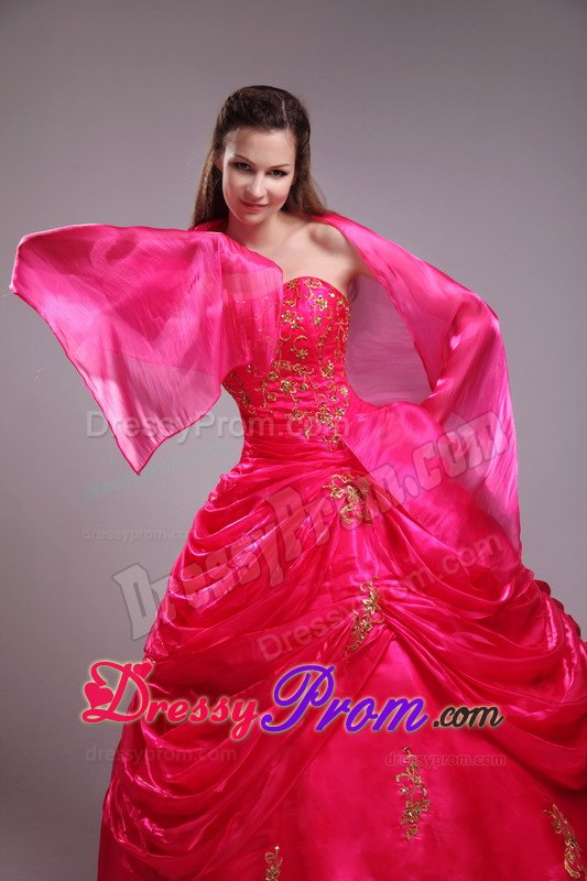 Red Strapless Quinceanera Dress with Appliqiues and Pick-ups