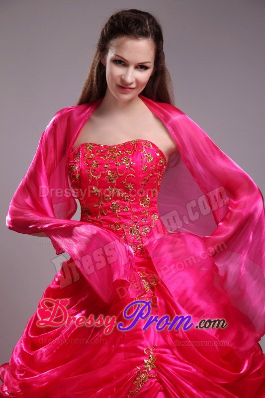 Red Strapless Quinceanera Dress with Appliqiues and Pick-ups